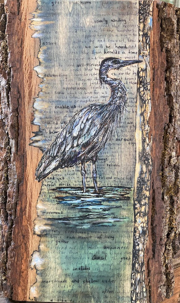 Heron 7x11 woodburned,acrylic,pen/live wood